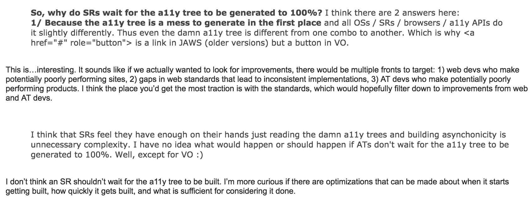 Email conversation about when the Accessibility Tree is ready