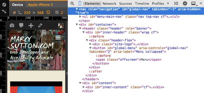 MarcySutton.com mobile markup in Chrome Dev Tools